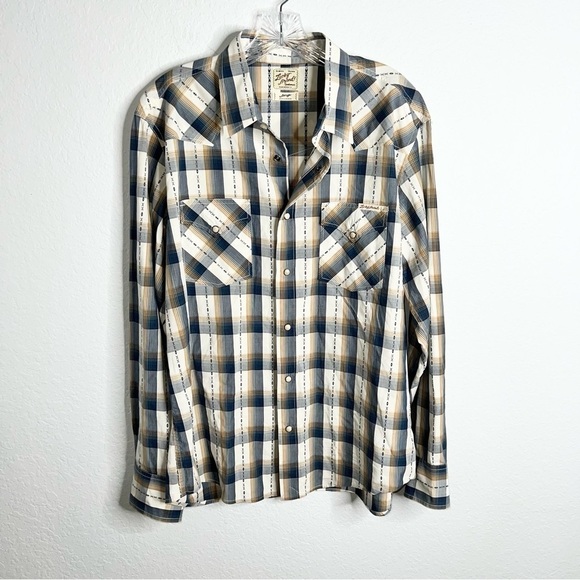 Lucky Brand Men Large Pearl Snap Western Long Sleeve Gray Tan Flannel Shirt U - Picture 1 of 8